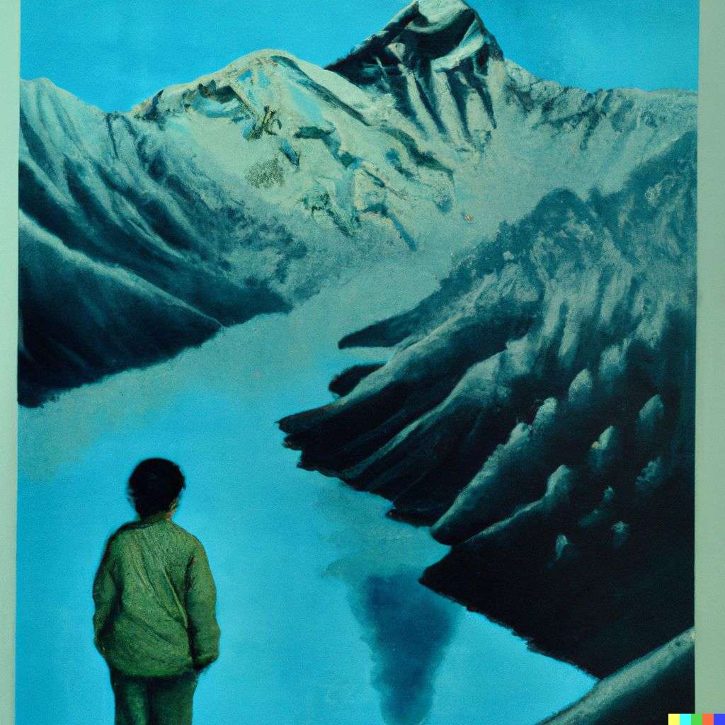 someone gazing at Mount Everest, water transfer printing